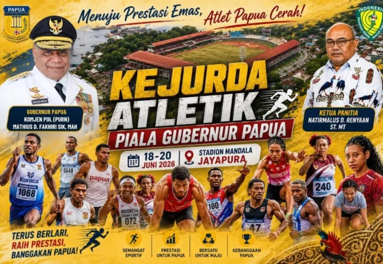 Atlet berlari pada Kejuaraan Atletik Nasional 2026 dengan persaingan ketat menuju garis finis